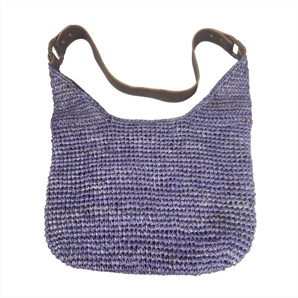 J.JILL Woven Straw Shoulder Bag Blue Boho Hobo Tote Leather Strap - Picture 6 of 10